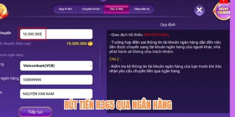 Rút tiền R365 qua ngân hàng